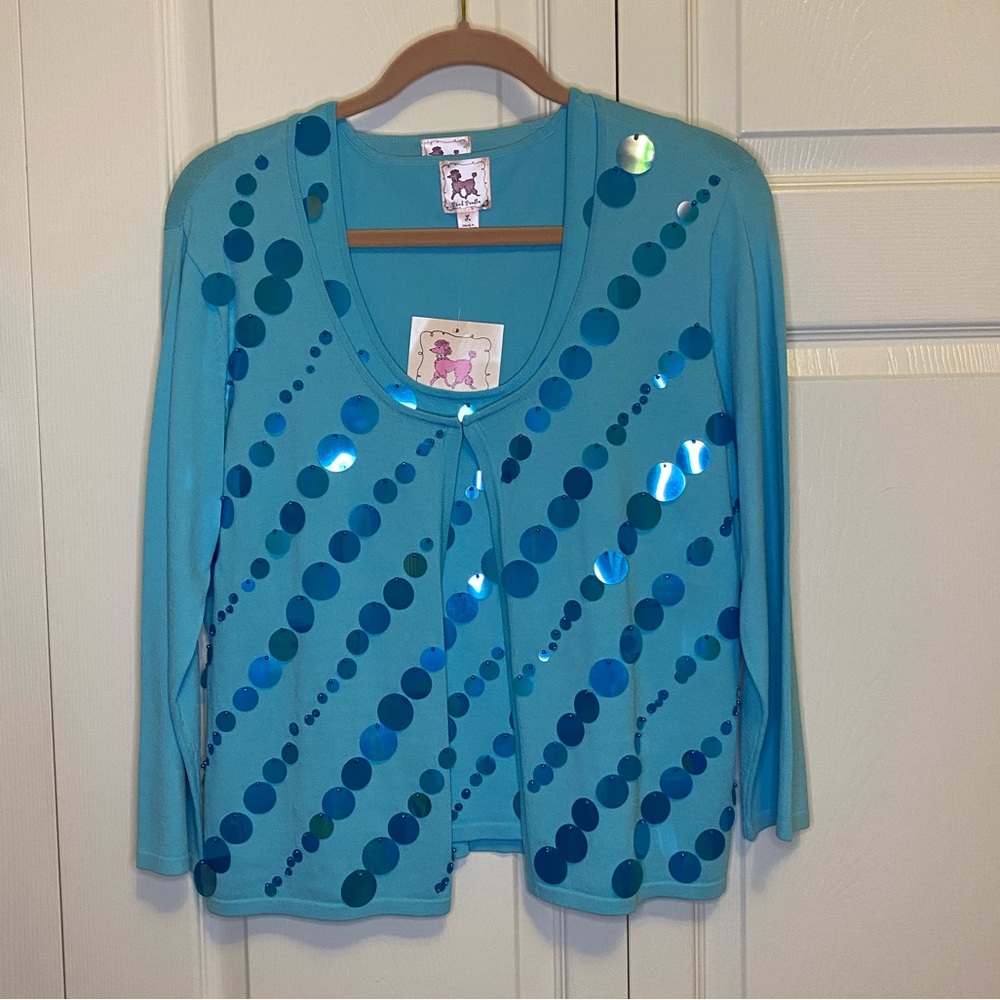 NWT Pink Poodle blue cardigan & tank top set with large sequins